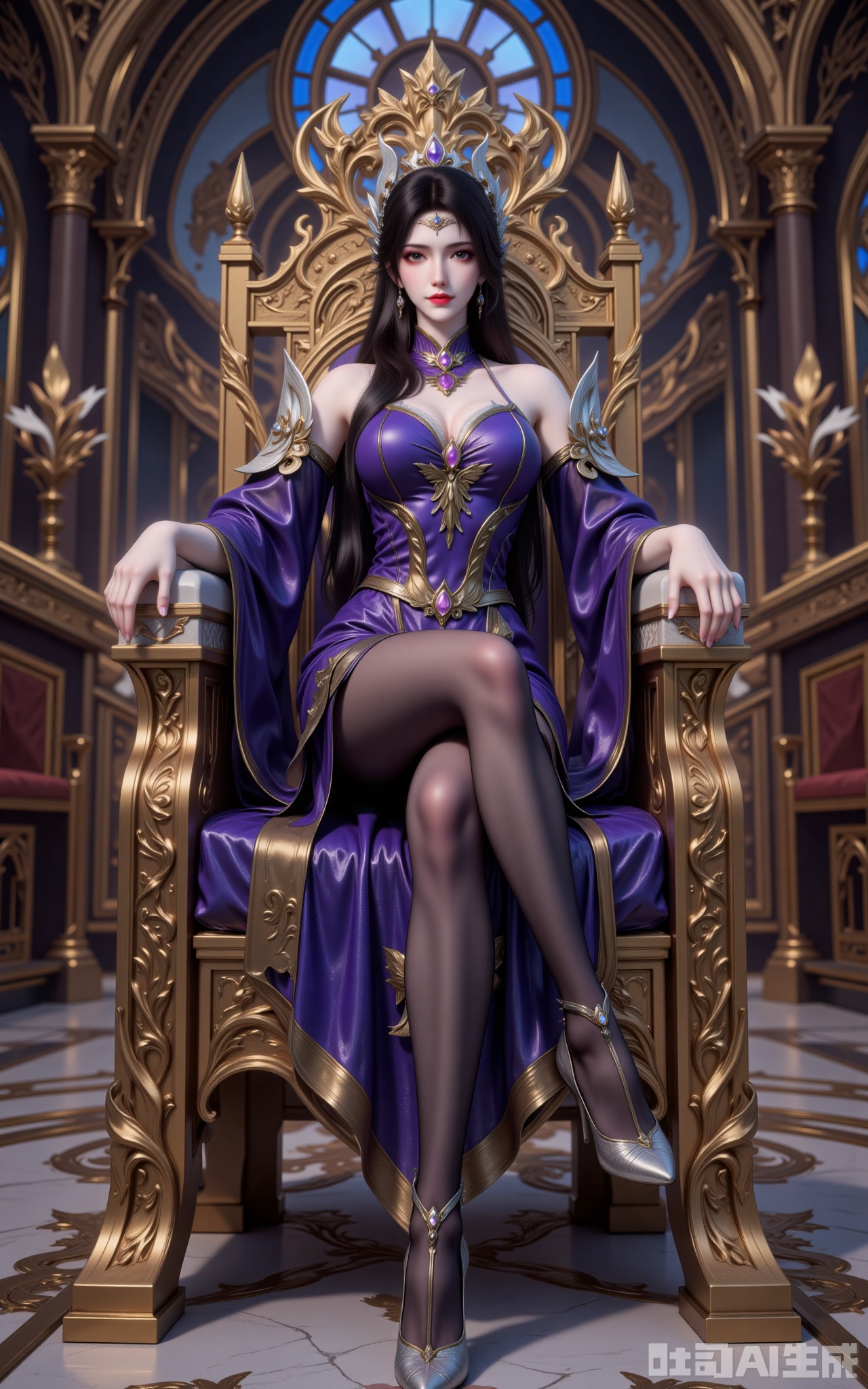 In the gilded hall, sunlight streams through stained glass, crowning Xuan Yi in a celestial glow. Seated upon a flower-entwined throne, her opulent gown cascades like liquid midnight, sculpting curves that defy mortal grace. Carmine lips part slightly beneath amethyst-shadowed eyes, while the bejeweled phoenix crown sways with her every breath.

She crosses her sheer-clad legs, the gem-encrusted stilettos at her feet scattering prismatic light across the marble. Shot from a reverent low angle, the composition frames her against a vaulted ceiling fresco—a living masterpiece where power and allure intertwine. This is not mere royalty; it's a visual coronation of dominance.
earrings,jewelry,xuanyi,black hair,brown eyes,red_lips_,hair_ornament,fair_skin,long hair,
lvjing,lvjing,