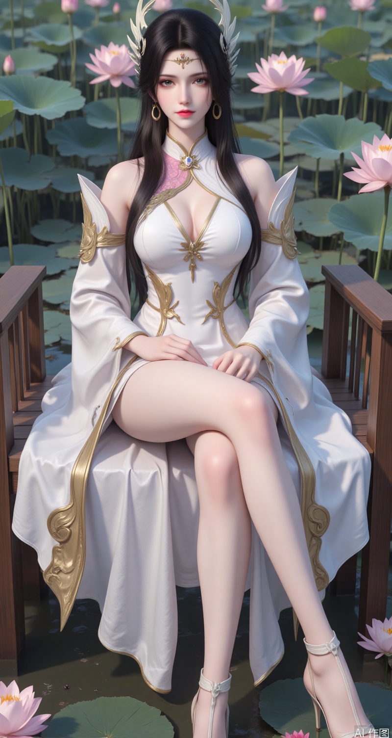 lvjing,xuanyi,1girl, solo, long hair, sitting, breasts, dress, jewelry, white dress, flower, clothing cutout, bare legs, black hair, anklet, earrings, detached sleeves, cleavage, looking at viewer, full body, chinese clothes, bare shoulders, crossed legs, legs, lotus, large breasts, high heels