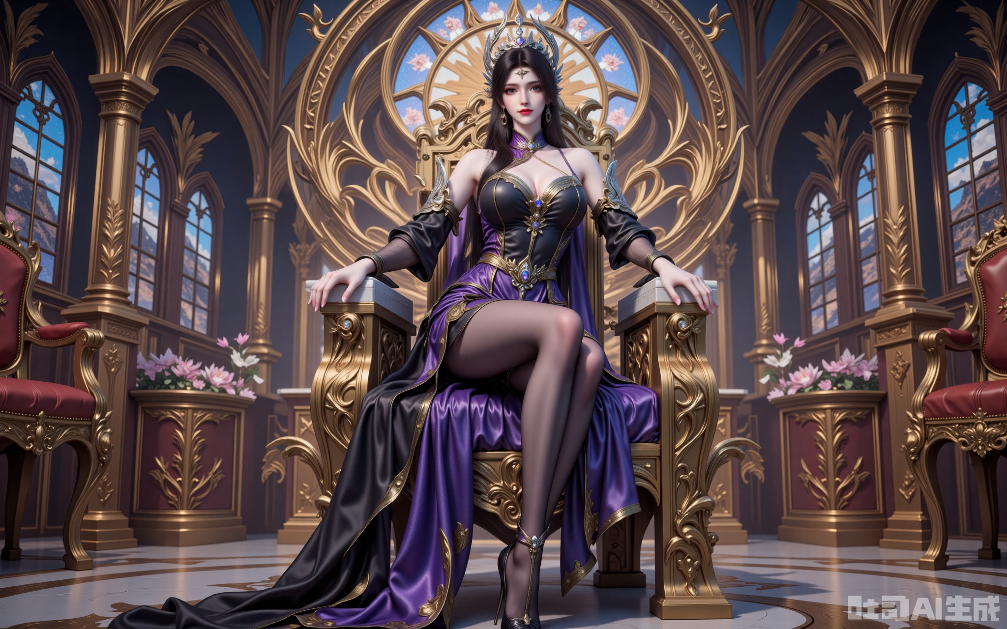 In the gilded hall, sunlight streams through stained glass, crowning Xuan Yi in a celestial glow. Seated upon a flower-entwined throne, her opulent gown cascades like liquid midnight, sculpting curves that defy mortal grace. Carmine lips part slightly beneath amethyst-shadowed eyes, while the bejeweled phoenix crown sways with her every breath.

She crosses her sheer-clad legs, the gem-encrusted stilettos at her feet scattering prismatic light across the marble. Shot from a reverent low angle, the composition frames her against a vaulted ceiling fresco—a living masterpiece where power and allure intertwine. This is not mere royalty; it's a visual coronation of dominance.
earrings,jewelry,xuanyi,black hair,brown eyes,red_lips_,hair_ornament,fair_skin,long hair,
lvjing,lvjing,