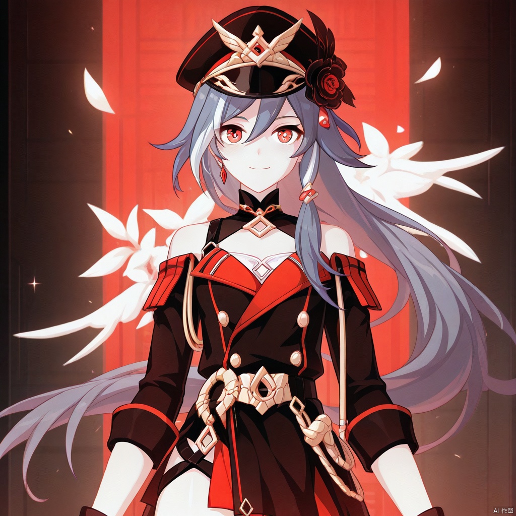 fu_hua,fu_hua cgver,bangs,
Turn Up the Music!,long hair,smile, bangs, hair ornament, red eyes,hair between eyes,ponytail, silver hair,white hair,gray hair,multicolored hair,small breasts,streaked hair,yellow pupils,diamond shaped pupils,boots,hat,hat flower,military uniform,military hat,thigh strap,black jacket,peaked cap,bare shoulders,jacket,off shoulder,black footwear,skirt,thighhighs,