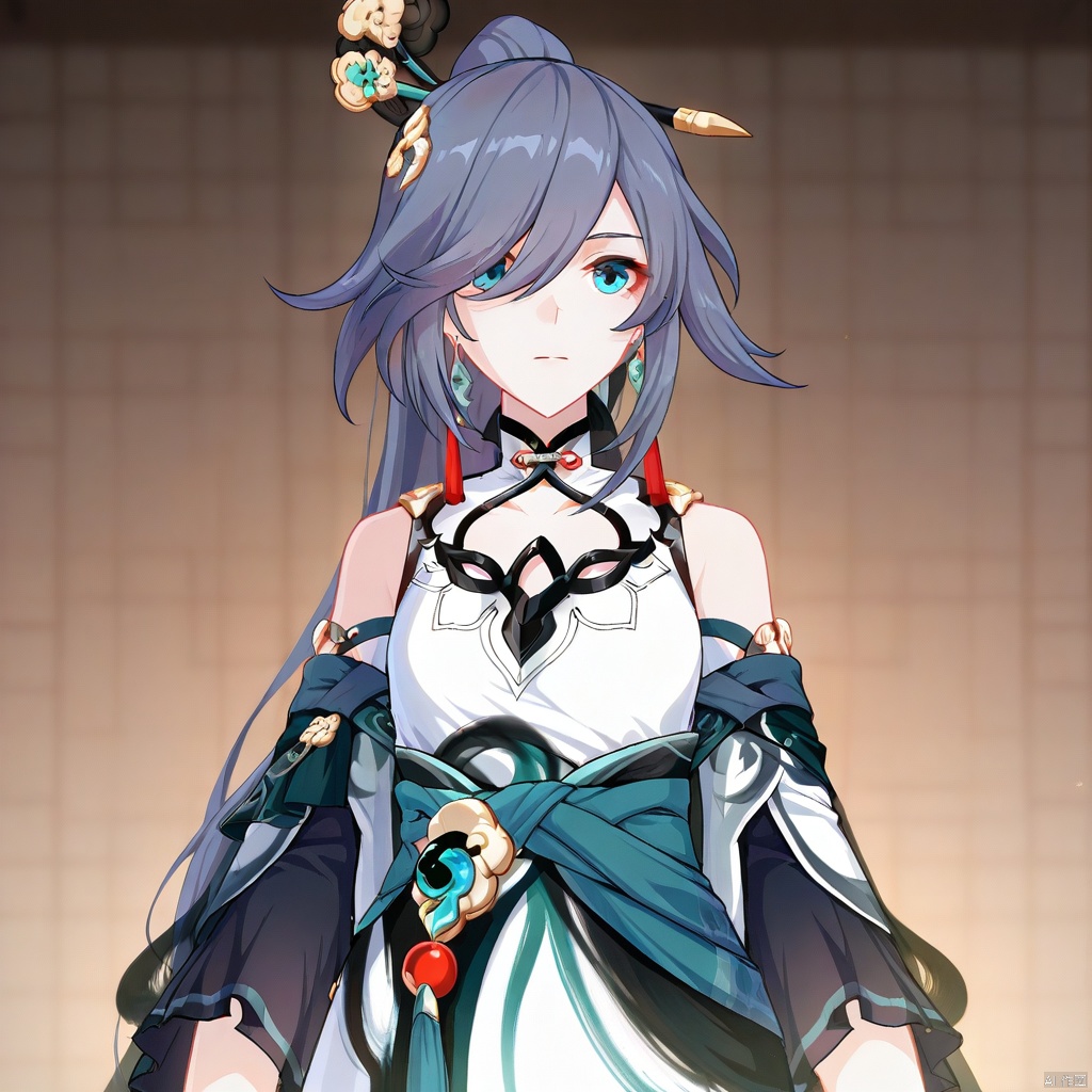 fu_hua,fu_hua cgver,bangs,
Azure Empyrea,hair ornament, ponytail, blue eyes, hair over one eye, jewelry, earrings, long sleeves, dress, bare shoulders,white dress, chinese clothes,china dress,green sleeves
