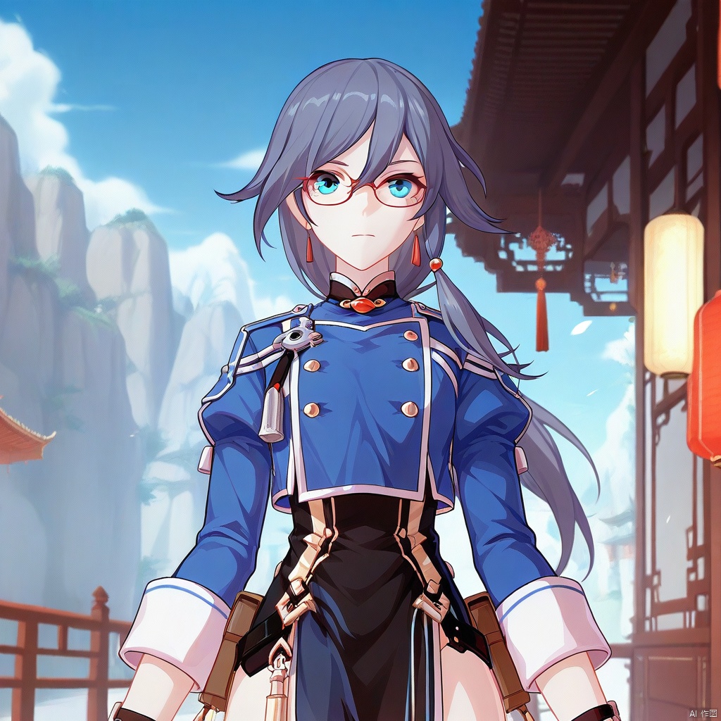 fu_hua,fu_hua cgver,bangs,
Valkyrie Accipiter,hair between eyes,blue eyes,grey hair, blue hair, long hair,low-tied long hair, long sleeves, blue jacket, jacket, glasses, chinese clothes,red_framed_eyewear