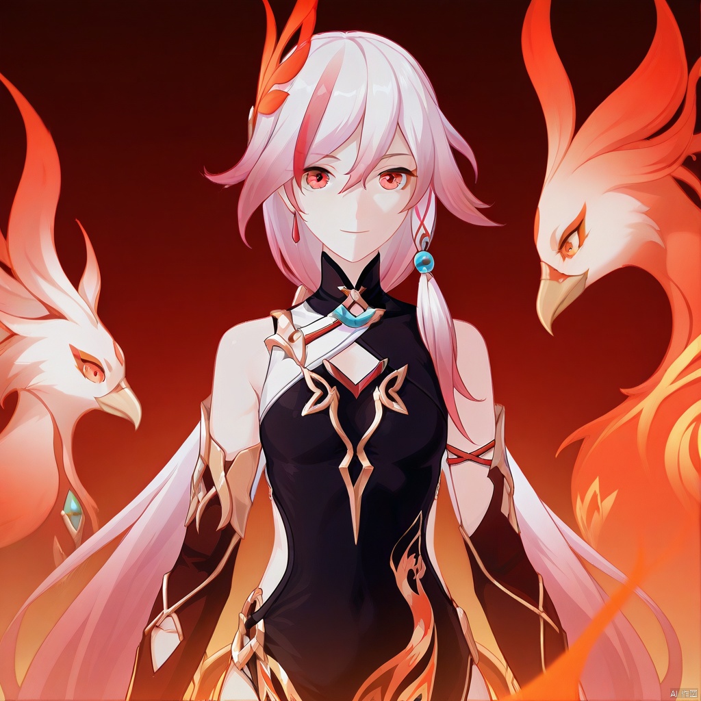 fu_hua,fu_hua cgver,bangs,
the Phoenix,bangs, hair ornament, red eyes, hair between eyes, white hair, multicolored hair, streaked hair, smile, small breasts, red hair, pink hair,low-tied long hair,