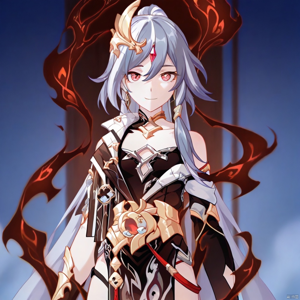 fu_hua,fu_hua cgver,bangs,
Herrscher of Sentience,,long hair,smile, bangs, hair ornament, red eyes,hair between eyes,ponytail, silver hair,white hair,gray hair,multicolored hair,small breasts,streaked hair,yellow pupils,diamond shaped pupils,