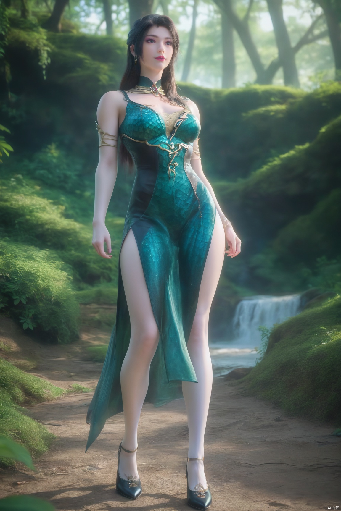 score_9_up,score_8_up,score_7_up,(Masterpiece, Best Quality, High Resolution, 8K Raw),
1girl, solo, long hair, breasts, black hair, dress,green dress,long legs,
pale skin,translucent,realistic,white skin,high detailed  skin,(detailed skin:1.1),highly detailed,ultra-high resolution,32K UHD,sharp focus,best-quality,masterpiece,unconventional supreme masterpiece,masterful details,temperate atmosphere,with a high-end texture,in the style of fashion photography,Dynamic Angle,(Dynamic posture:1.1),OverallDetailXL,zPDXL3,GX_style