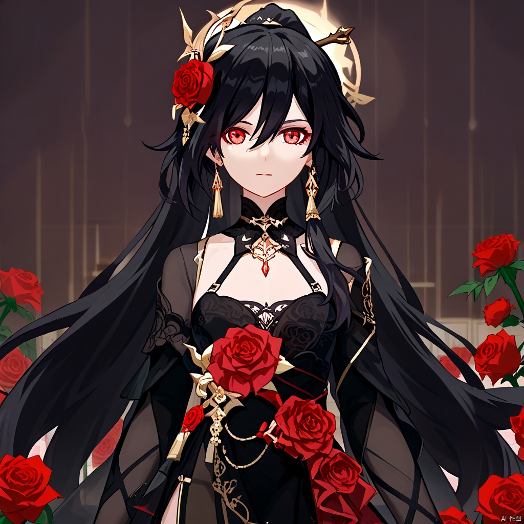 fu_hua,fu_hua cgver,bangs,
 Blood Voivode, long hair, bangs, black hair, hair ornament, red eyes, hair between eyes, flower, hair flower, ponytail, red rose, jewelry, earrings, red flower, rose