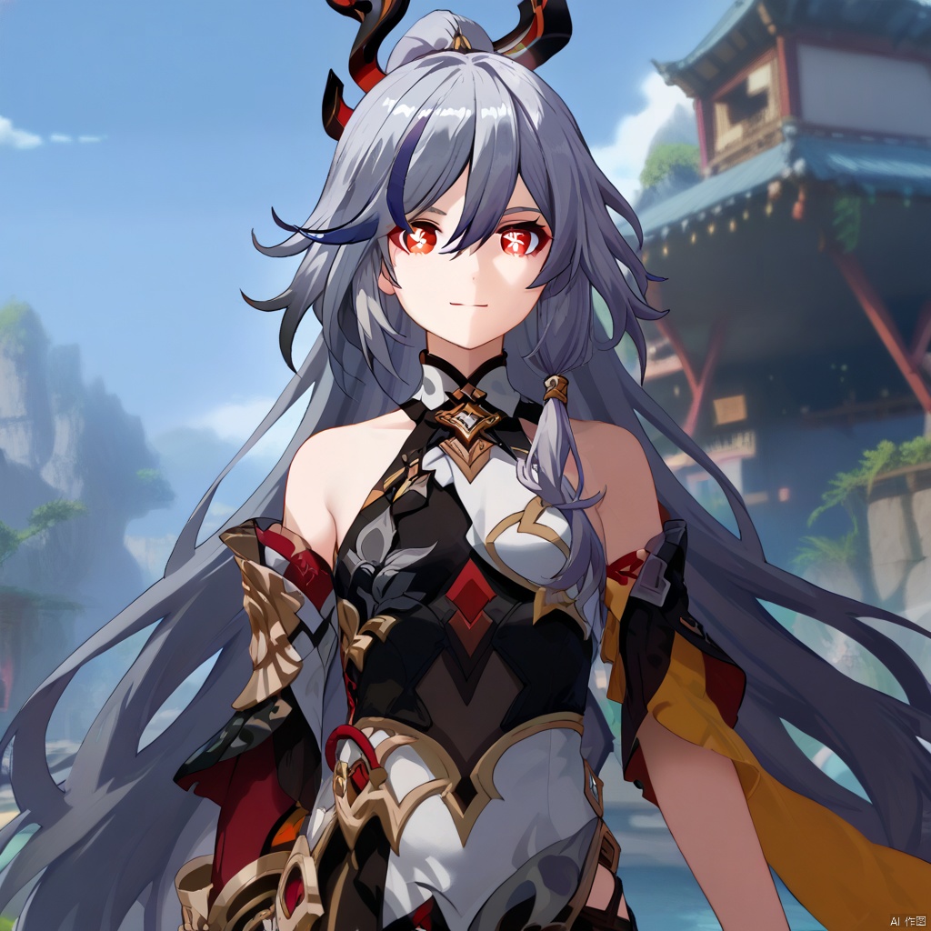 fu_hua,fu_hua cgver,bangs,
  Herrscher of Sentience,,long hair,smile, bangs, hair ornament, red eyes,hair between eyes,ponytail, silver hair,white hair,gray hair,multicolored hair,small breasts,streaked hair,yellow pupils,diamond shaped pupils,