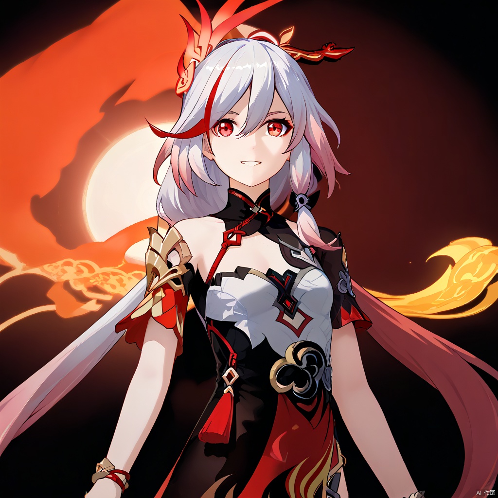 fu_hua,fu_hua cgver,bangs,
 the Phoenix,bangs, hair ornament, red eyes, hair between eyes, white hair, multicolored hair, streaked hair, smile, small breasts, red hair, pink hair,low-tied long hair,
