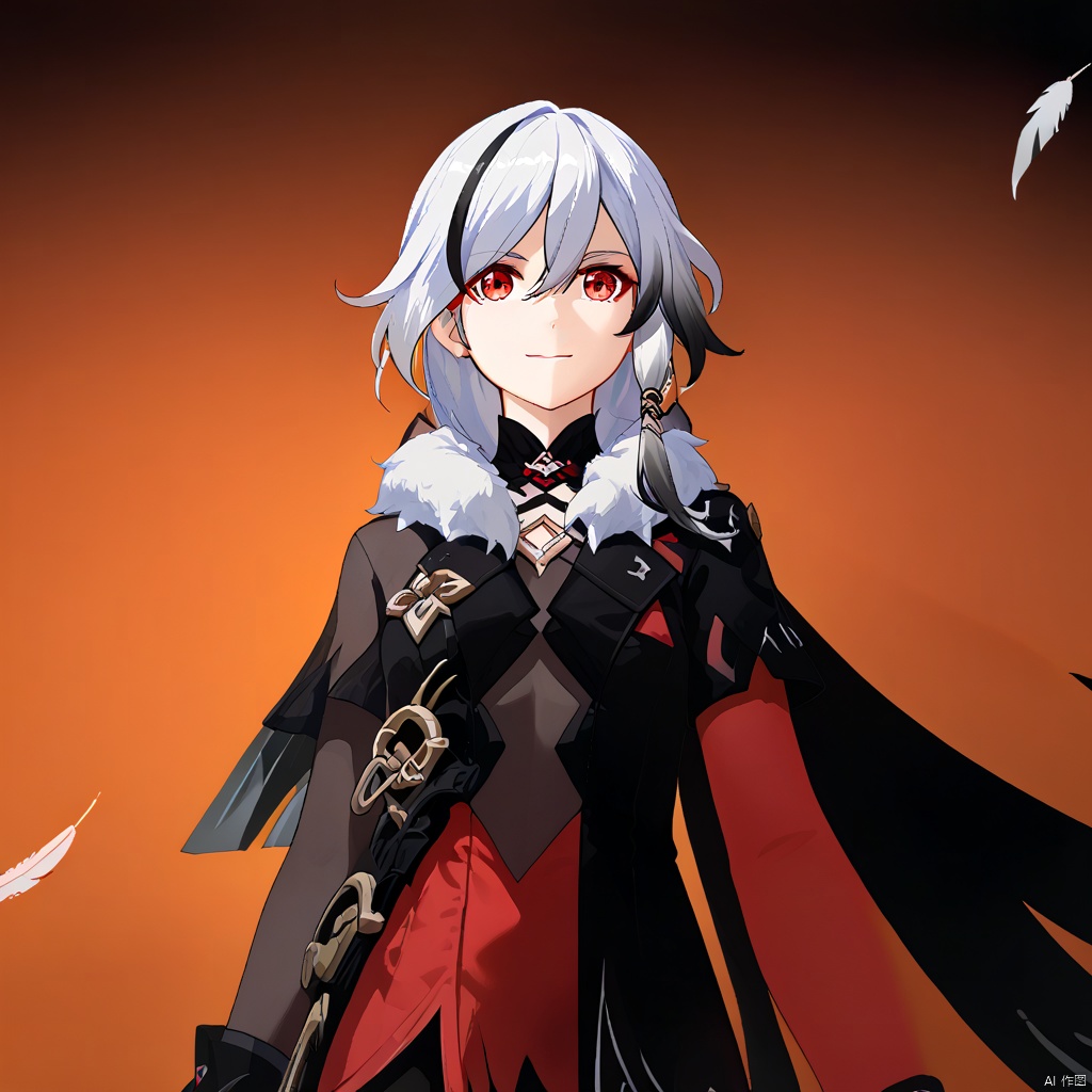 fu_hua,fu_hua cgver,bangs,
 Onyx Simurgh, long hair, bangs, white hair, red eyes, hair between eyes, smile, black hair, multicolored hair, streaked hair,low-tied long hair,feathers,gloves,fur collar,shoulder