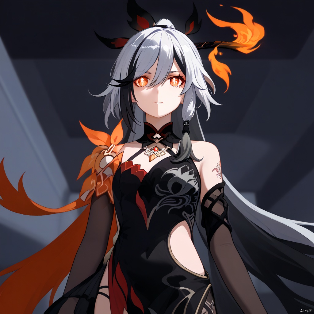fu_hua,fu_hua cgver,bangs,
  Crane of Taixuan,messy hair,jewelry,eyelashes,two-tone hair,tattoo,ribbon,bangs,white hair,orange eyes,red eyes,streaked hair,black hair,fiery hair,hair between eyes,multicolored hair,hair ornament,yellow pupils,diamond shaped pupils,long hair,ponytail,