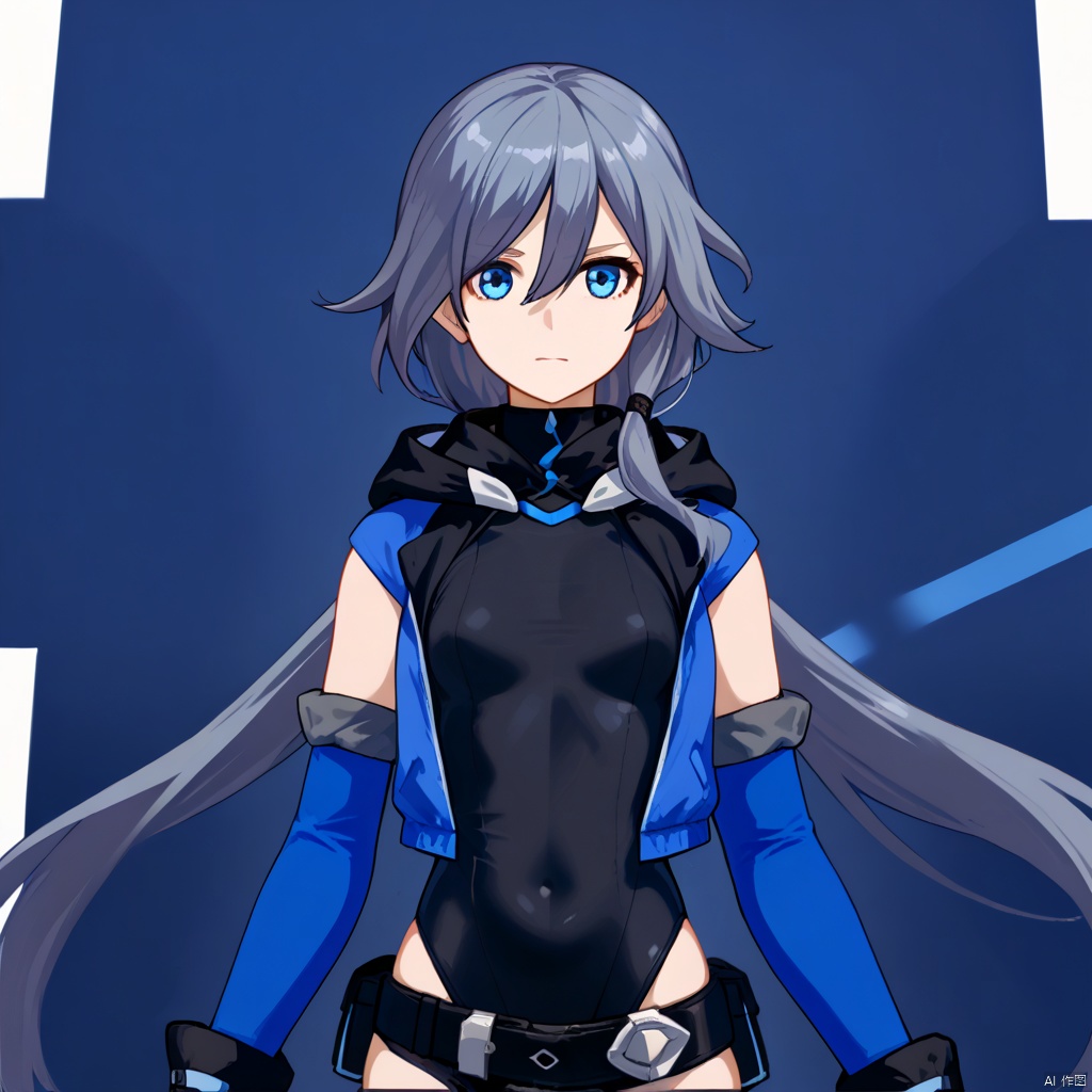 fu_hua,fu_hua cgver,bangs,
  HUA_MSA_209,hair between eyes,blue eyes,grey hair, blue hair, long hair,low-tied long hair,hoodie,leotard under clothes,blue legwear,open clothes,belt,boots,black shorts,hood jacket,black legwear,black footwear,leotard,elbow gloves,black leotard,