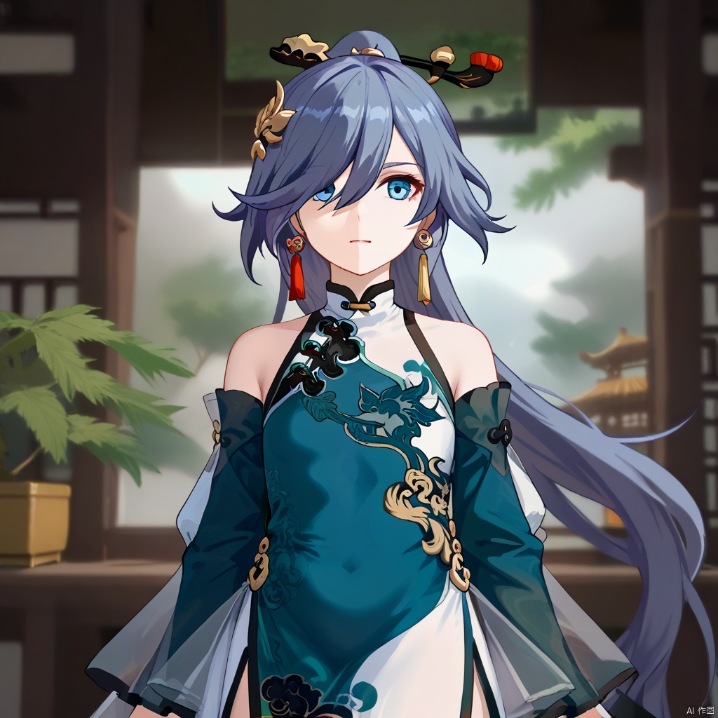 fu_hua,fu_hua cgver,bangs,
 Azure Empyrea,hair ornament, ponytail, blue eyes, hair over one eye, jewelry, earrings, long sleeves, dress, bare shoulders,white dress, chinese clothes,china dress,green sleeves