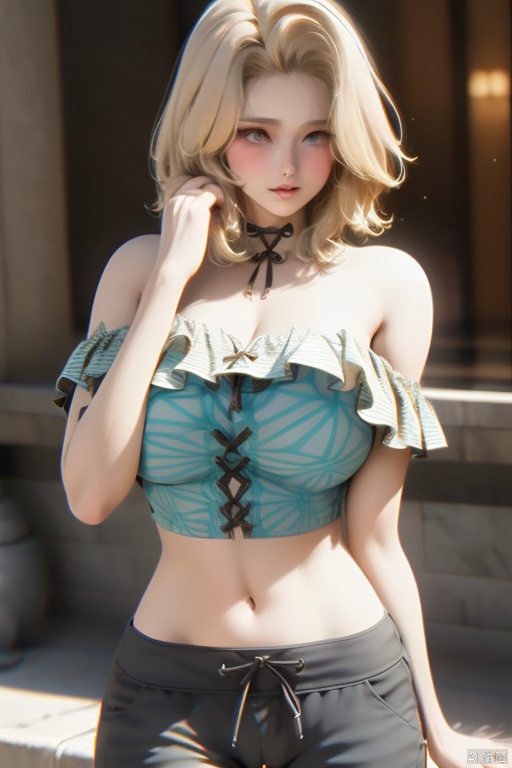 1girl solo breasts short hair blonde hair shirt navel bare shoulders cowboy shot midriff pants indoors hand up off shoulder lips thigh gap casual off-shoulder shirt chromatic aberration cross-laced clothes