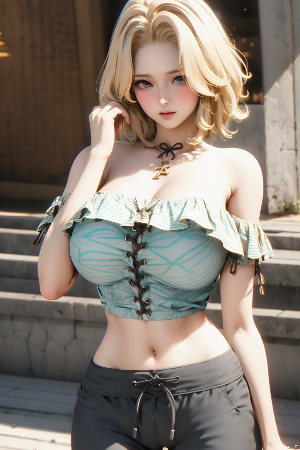 1girl solo breasts short hair blonde hair shirt navel bare shoulders cowboy shot midriff pants indoors hand up off shoulder lips thigh gap casual off-shoulder shirt chromatic aberration cross-laced clothes