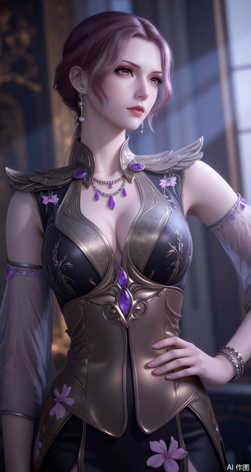 baoshi,lvjing,bibidong,girl,solo,breasts,looking at viewer,short hair,dress,cleavage,jewelry,upper body,indoors,necklace,armor,gem, 1girl,dress,jewelry,earrings,china dress,chinese clothes,blurry background,blurry,breasts,solo,looking at viewer,hand on own hip,floral print,sleeveless,black dress,sleeveless dress,bracelet,parted lips,bare shoulders,side slit,cowboy shot,holding, cover,simple background,gradient background,close-up details,outstanding style,(baoshi),adding a touch of dimension to your images without compromising details,close-up,