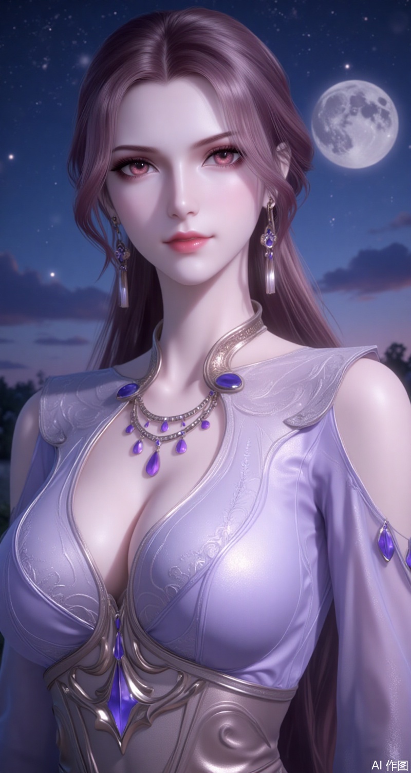 baoshi,lvjing,bibidong,1girl, solo, long hair, breasts, brown hair, dress, brown eyes, jewelry, upper body, earrings, outdoors, sky, necklace, clothing cutout, night, moon, star \(sky\), night sky, full moon, simple background,gradient_background,Close-up details,outstanding style,adding a touch of dimension to your images without compromising details,absurdres,colorful,