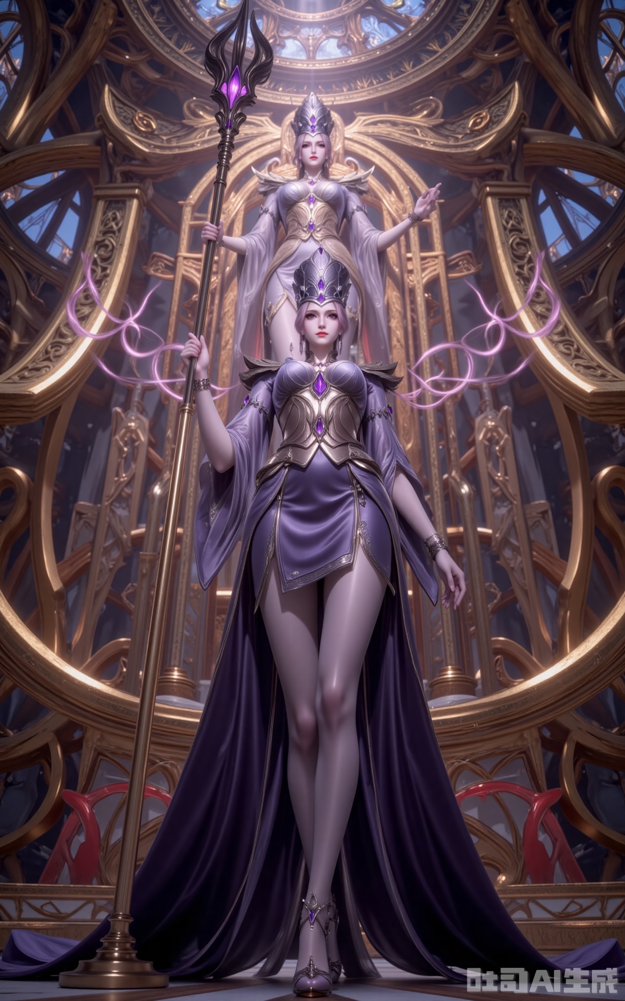 In the golden-domed sanctuary, Bibi Dong stands with regal dominance. Her custom gown shimmers with woven soul power, its obsidian fabric cascading like liquid night. The amethyst-encrusted crown casts prismatic shadows across her piercing violet eyes.

The jeweled scepter in her grasp pulses with eerie energy, its core gem swallowing the very light. Sheer stockings trace the elegant lines of her legs, leading down to soul-stone heels that chime against the marble with each step.

Shot from an extreme low angle, the frame captures the terrifying harmony between her silhouette and the towering statue of Rakshasa. As crimson light spills through stained glass, eighteen spirit rings erupt from her scepter—this is the moment divinity meets mortal reign.
lvjing,bibidong