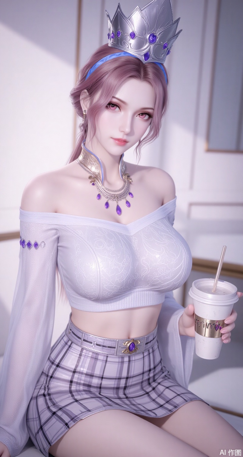 baoshi,lvjing,bibidong,jewelry,crown,gem,brown hair,brown eyes,fair_skin,1girl,skirt,plaid skirt,realistic,solo,plaid,cup,blurry background,blurry,looking at viewer,holding,disposable cup,holding cup,hairband,sweater,necklace,crop top,blue hairband,midriff,shirt,jewelry,white sweater,off shoulder,white shirt,4,cover,simple background,gradient background,close-up details,outstanding style,adding a touch of dimension to your images without compromising details,close-up