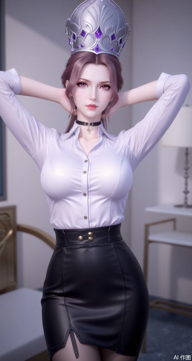 baoshi,lvjing,bibidong,jewelry,crown,gem,brown hair,brown eyes,fair_skin,1girl,solo,shirt,pencil skirt,skirt,white shirt,black skirt,looking at viewer,collared shirt,collar,thighhighs,long sleeves,arms up,arms behind head,choker,breasts,high-waist skirt,red lips,office lady,lips,standing,cowboy shot,indoors,buttons,black thighhighs,dress shirt,realistic,black choker,cover,simple background,gradient background,close-up details,outstanding style,adding a touch of dimension to your images without compromising details,close-up,