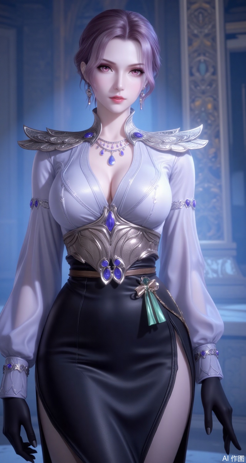 baoshi,lvjing,bibidong,girl,solo,breasts,looking at viewer,short hair,dress,cleavage,jewelry,upper body,indoors,necklace,armor,gem, 1girl,solo,earrings,gloves,jewelry,breasts,skirt,shirt,large breasts,looking at viewer,white shirt,belt,pencil skirt,black gloves,simple background,alternate costume,black skirt,green ribbon,long sleeves,lips,blue background,ribbon,collared shirt,side slit,4,cover,simple background,gradient background,close-up details,outstanding style,adding a touch of dimension to your images without compromising details,close-up,