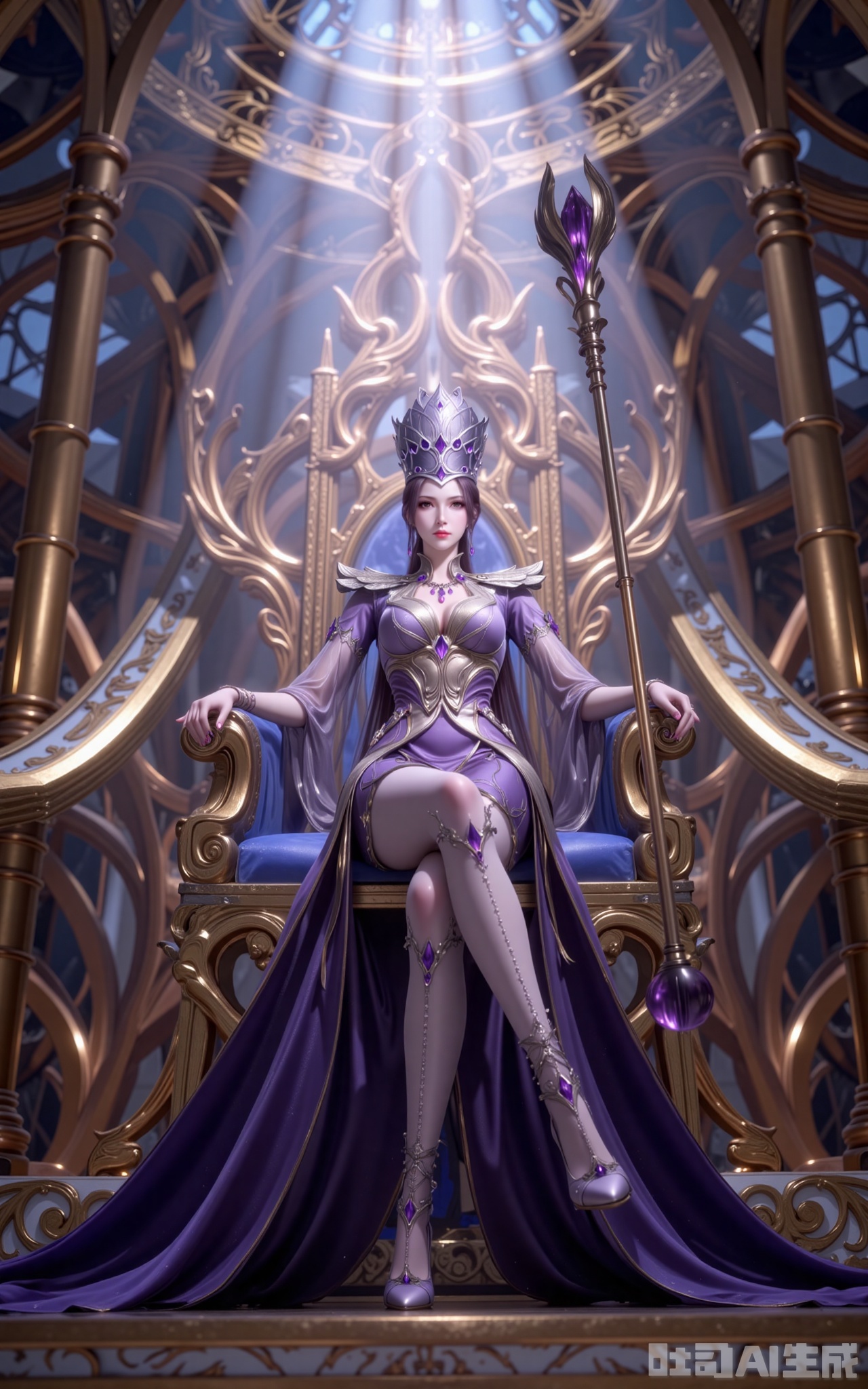 In the gilded sanctuary, a shaft of light pierces through the stained-glass dome, crowning Bibi Dong in celestial radiance. Her onyx throne accentuates the regal lines of the violet-and-gold gown, its hand-embroidered spider motifs shimmering faintly. The Soul-devouring Crown's amethyst teardrops tremble in sync with the pulsating core of her scepter - a fossilized 100,000-year soul beast crystal.

Crossing her sheer-clad legs, the prismatic refraction from the spider-silk stockings creates ethereal halos. The venom-tipped stilettos tap rhythmically against the obsidian dais. Shot from a worshipping low angle, the 12K close-up reveals the crimson soul rings swirling in her eyes, transforming the composition into a living altar piece where divinity and dominion intertwine.
lvjing,bibidong