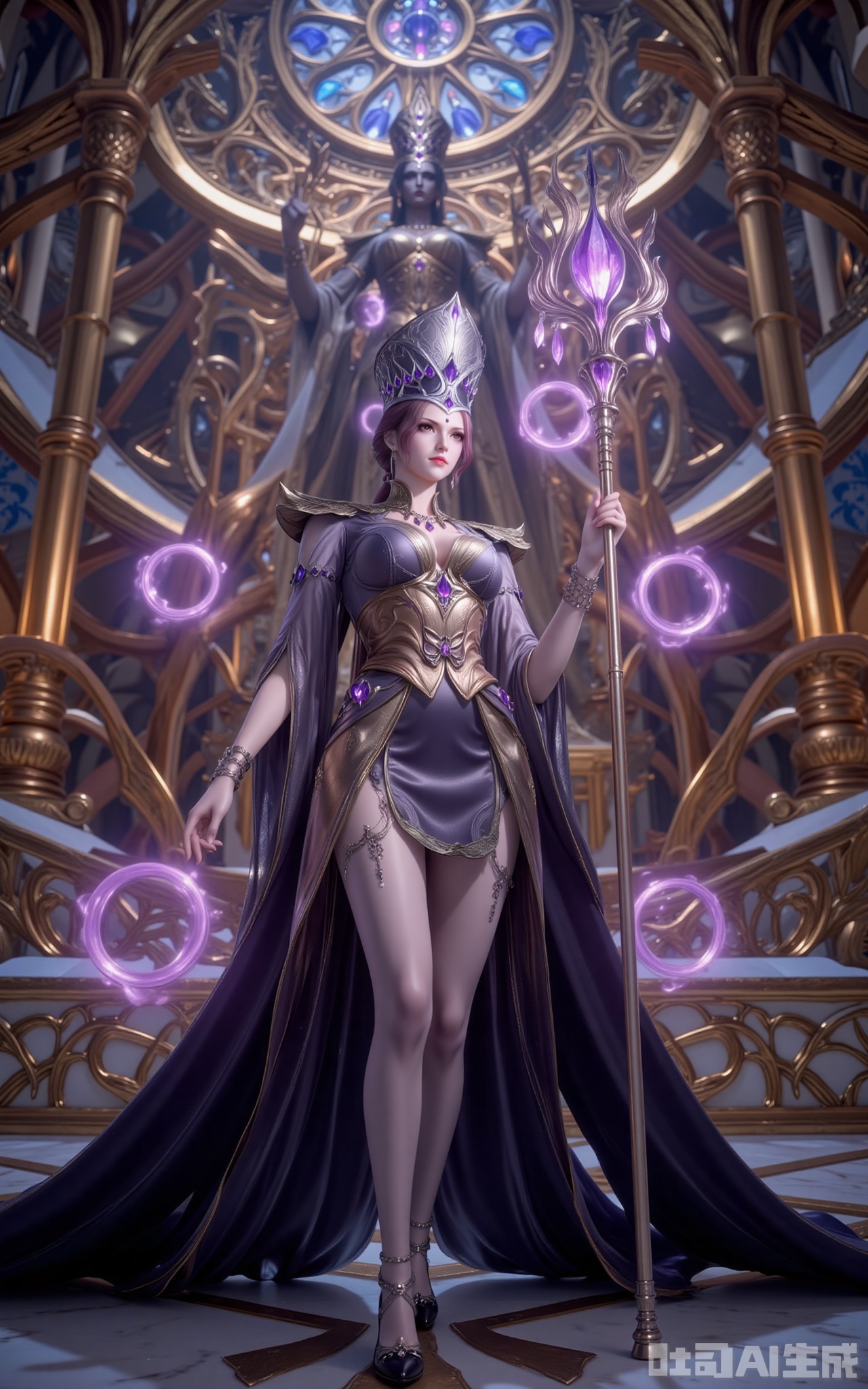In the golden-domed sanctuary, Bibi Dong stands with regal dominance. Her custom gown shimmers with woven soul power, its obsidian fabric cascading like liquid night. The amethyst-encrusted crown casts prismatic shadows across her piercing violet eyes.

The jeweled scepter in her grasp pulses with eerie energy, its core gem swallowing the very light. Sheer stockings trace the elegant lines of her legs, leading down to soul-stone heels that chime against the marble with each step.

Shot from an extreme low angle, the frame captures the terrifying harmony between her silhouette and the towering statue of Rakshasa. As crimson light spills through stained glass, eighteen spirit rings erupt from her scepter—this is the moment divinity meets mortal reign.
lvjing,bibidong