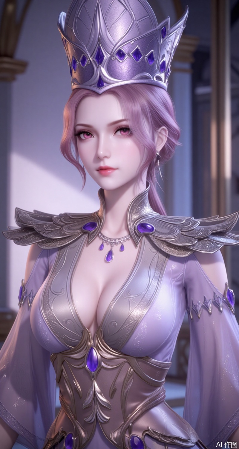 baoshi,lvjing,bibidong,girl,solo,breasts,looking at viewer,short hair,dress,cleavage,jewelry,upper body,indoors,necklace,armor,crown, gem, , simple background,gradient_background,Close-up details,outstanding style,adding a touch of dimension to your images without compromising details,absurdres,colorful,