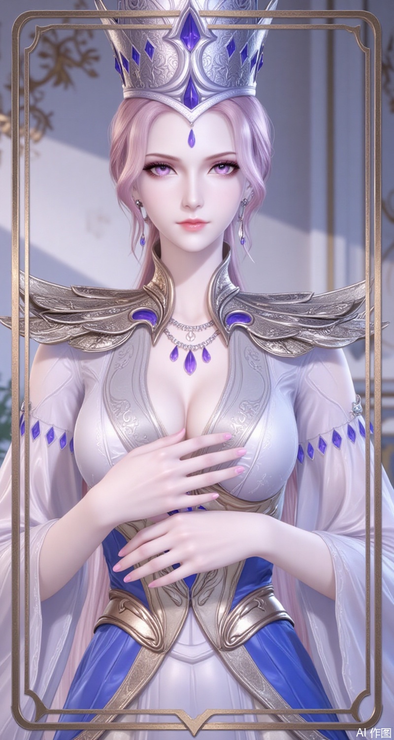 baoshi,lvjing,bibidong,girl,solo,breasts,looking at viewer,short hair,dress,cleavage,jewelry,upper body,indoors,necklace,armor,crown, gem, 1girl,blonde hair,blue eyes,forehead_jewel,long hair,white dress:blue dress,1girl,solo,earrings,jewelry,looking at viewer,breasts,tarot,collarbone,upper body,dress,closed mouth,card \(medium\),tarot \(medium\),frills,border,15,cover,simple background,gradient background,close-up details,outstanding style,(baoshi),adding a touch of dimension to your images without compromising details,close-up,