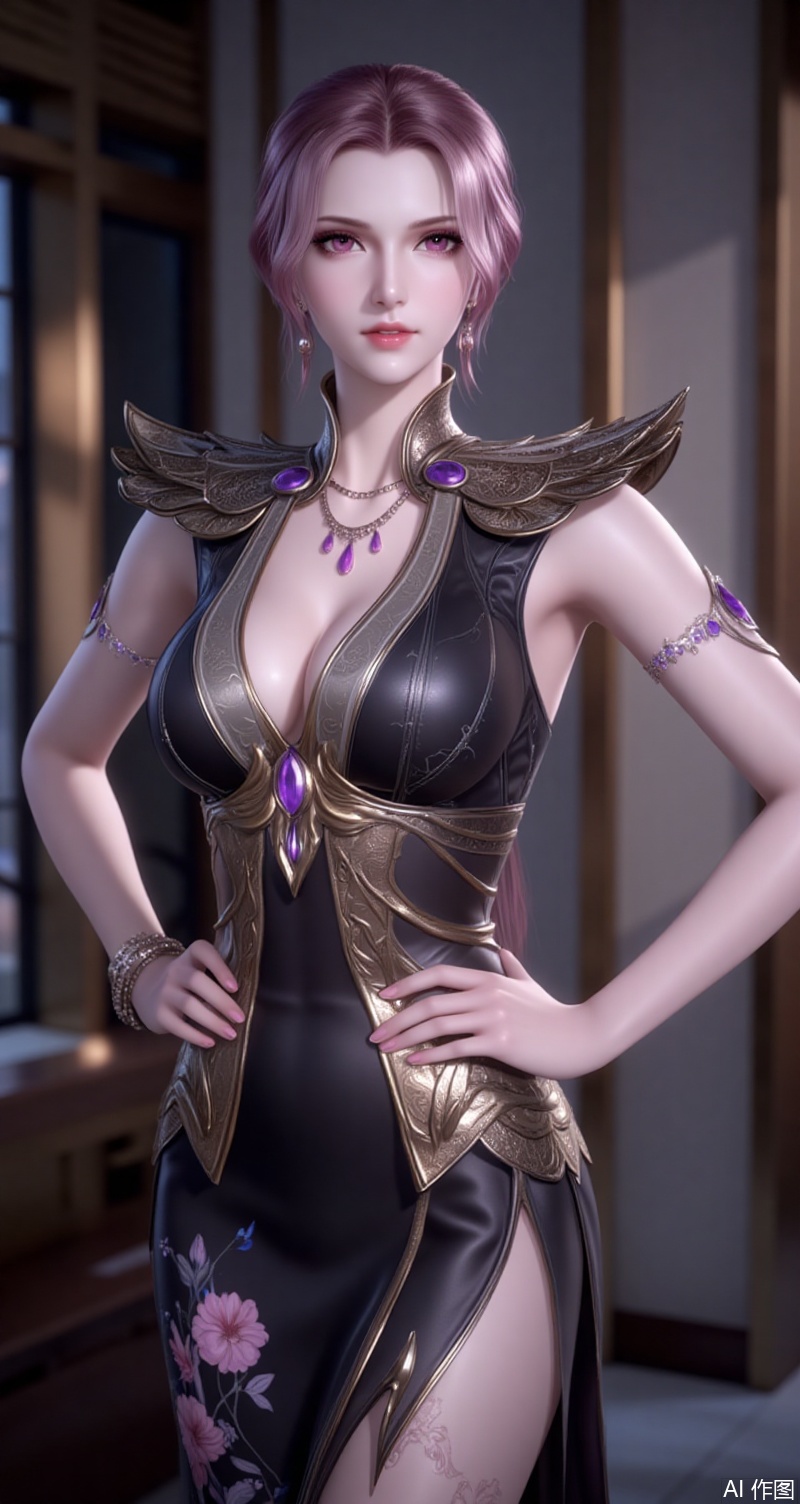 baoshi,lvjing,bibidong,girl,solo,breasts,looking at viewer,short hair,dress,cleavage,jewelry,upper body,indoors,necklace,armor,gem, 1girl,dress,jewelry,earrings,china dress,chinese clothes,blurry background,blurry,breasts,solo,looking at viewer,hand on own hip,floral print,sleeveless,black dress,sleeveless dress,bracelet,parted lips,bare shoulders,side slit,cowboy shot,holding, cover,simple background,gradient background,close-up details,outstanding style,(baoshi),adding a touch of dimension to your images without compromising details,close-up,
