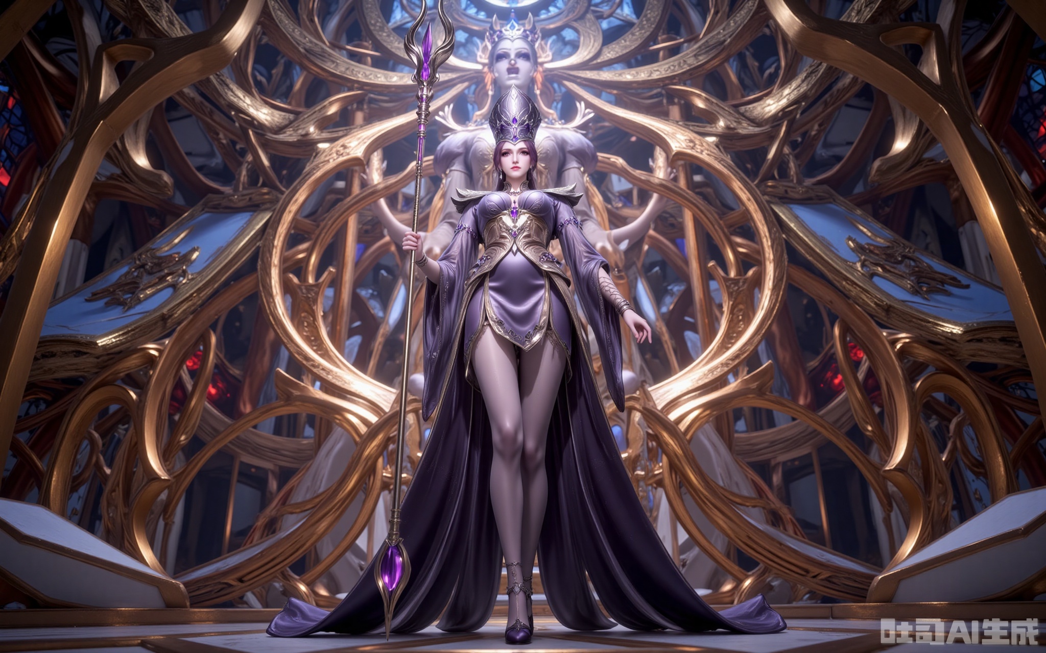 In the golden-domed sanctuary, Bibi Dong stands with regal dominance. Her custom gown shimmers with woven soul power, its obsidian fabric cascading like liquid night. The amethyst-encrusted crown casts prismatic shadows across her piercing violet eyes.

The jeweled scepter in her grasp pulses with eerie energy, its core gem swallowing the very light. Sheer stockings trace the elegant lines of her legs, leading down to soul-stone heels that chime against the marble with each step.

Shot from an extreme low angle, the frame captures the terrifying harmony between her silhouette and the towering statue of Rakshasa. As crimson light spills through stained glass, eighteen spirit rings erupt from her scepter—this is the moment divinity meets mortal reign.
lvjing,bibidong