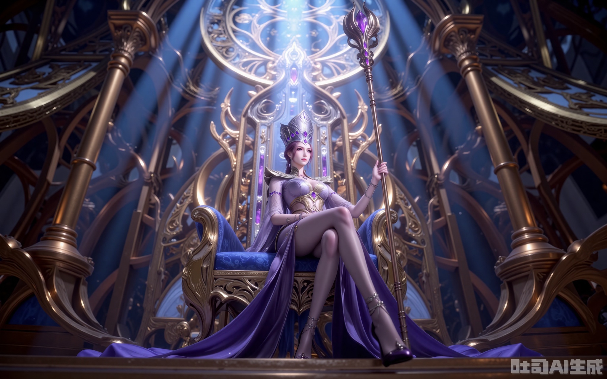 In the gilded sanctuary, a shaft of light pierces through the stained-glass dome, crowning Bibi Dong in celestial radiance. Her onyx throne accentuates the regal lines of the violet-and-gold gown, its hand-embroidered spider motifs shimmering faintly. The Soul-devouring Crown's amethyst teardrops tremble in sync with the pulsating core of her scepter - a fossilized 100,000-year soul beast crystal.

Crossing her sheer-clad legs, the prismatic refraction from the spider-silk stockings creates ethereal halos. The venom-tipped stilettos tap rhythmically against the obsidian dais. Shot from a worshipping low angle, the 12K close-up reveals the crimson soul rings swirling in her eyes, transforming the composition into a living altar piece where divinity and dominion intertwine.
lvjing,bibidong