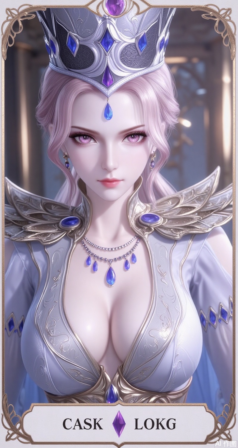 baoshi,lvjing,bibidong,girl,solo,breasts,looking at viewer,short hair,dress,cleavage,jewelry,upper body,indoors,necklace,armor,crown, gem, 1girl,blonde hair,blue eyes,forehead_jewel,long hair,white dress:blue dress,1girl,solo,earrings,jewelry,looking at viewer,breasts,tarot,collarbone,upper body,dress,closed mouth,card \(medium\),tarot \(medium\),frills,border,15,cover,simple background,gradient background,close-up details,outstanding style,(baoshi),adding a touch of dimension to your images without compromising details,close-up,