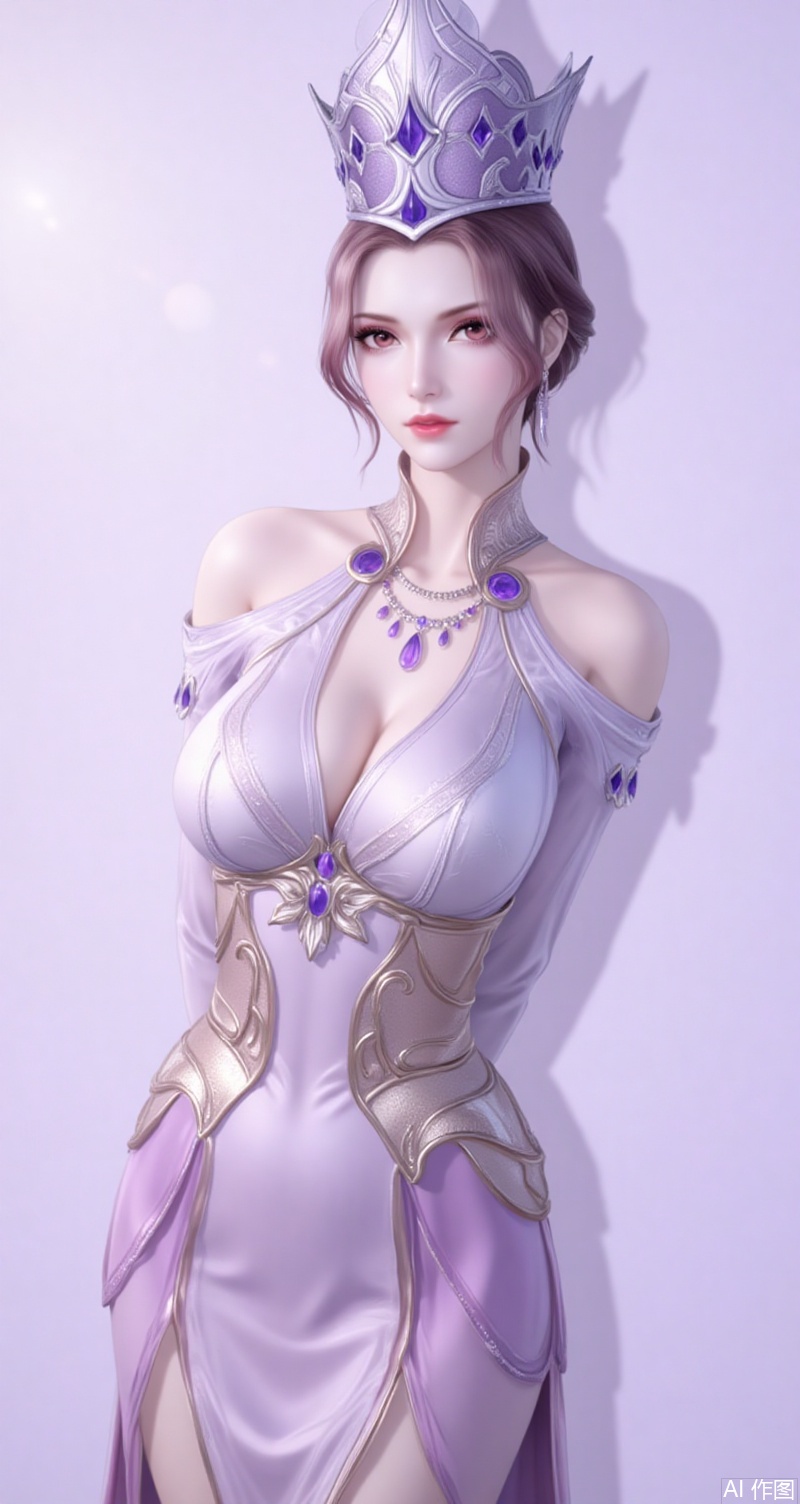 baoshi,lvjing,bibidong,jewelry,crown,gem,brown hair,brown eyes,fair_skin,1girl,solo,breasts,dress,looking at viewer,bare shoulders,off shoulder,makeup,large breasts,shadow,cowboy shot,sash,red lips,light purple background,lips,long sleeves,off-shoulder dress,lipstick,bodysuit,pants,arms behind back,standing,cover,simple background,gradient background,close-up details,outstanding style,adding a touch of dimension to your images without compromising details,close-up,