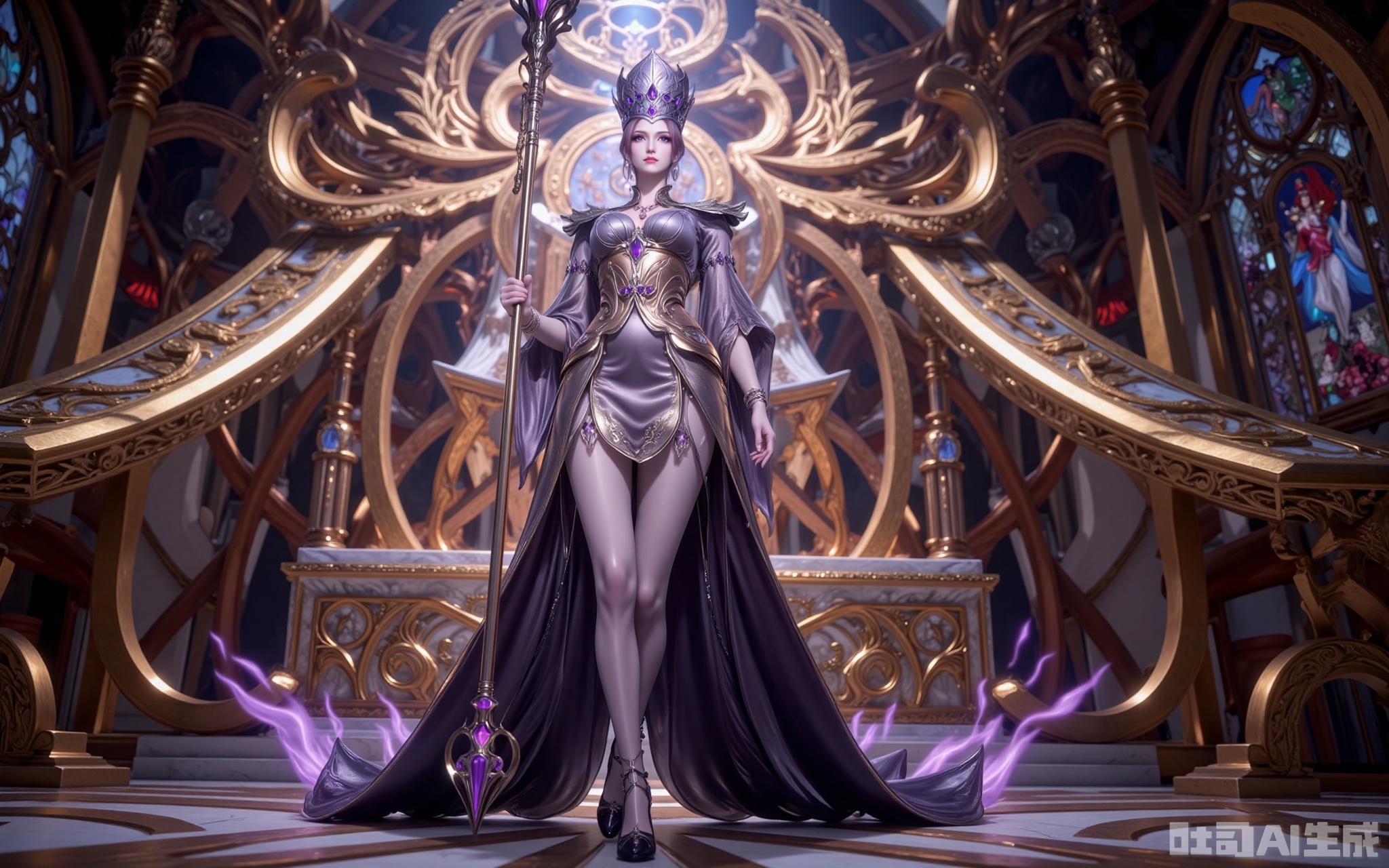 In the golden-domed sanctuary, Bibi Dong stands with regal dominance. Her custom gown shimmers with woven soul power, its obsidian fabric cascading like liquid night. The amethyst-encrusted crown casts prismatic shadows across her piercing violet eyes.

The jeweled scepter in her grasp pulses with eerie energy, its core gem swallowing the very light. Sheer stockings trace the elegant lines of her legs, leading down to soul-stone heels that chime against the marble with each step.

Shot from an extreme low angle, the frame captures the terrifying harmony between her silhouette and the towering statue of Rakshasa. As crimson light spills through stained glass, eighteen spirit rings erupt from her scepter—this is the moment divinity meets mortal reign.
lvjing,bibidong