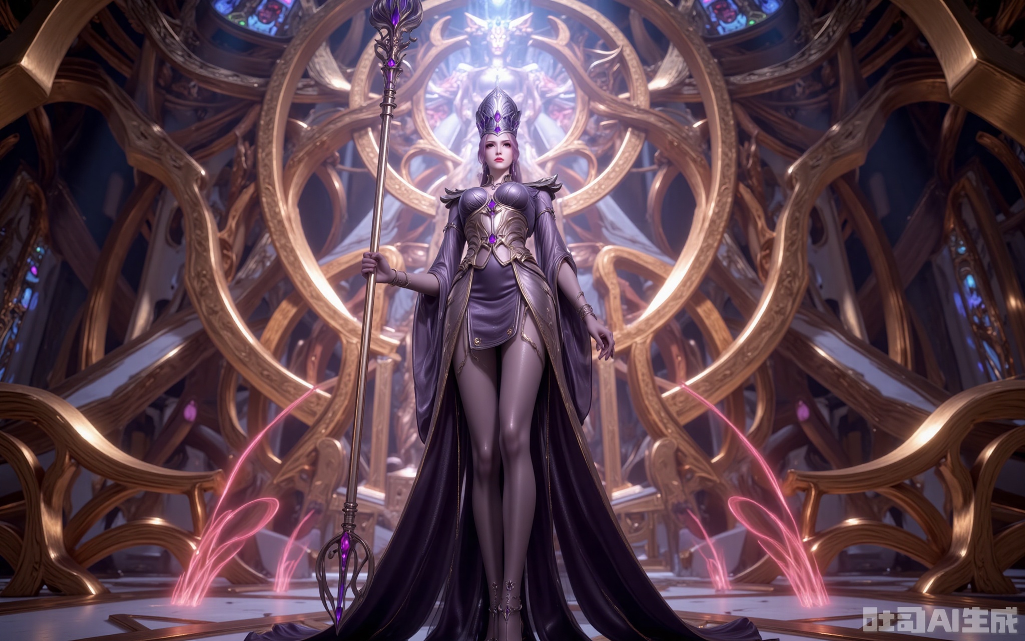 In the golden-domed sanctuary, Bibi Dong stands with regal dominance. Her custom gown shimmers with woven soul power, its obsidian fabric cascading like liquid night. The amethyst-encrusted crown casts prismatic shadows across her piercing violet eyes.

The jeweled scepter in her grasp pulses with eerie energy, its core gem swallowing the very light. Sheer stockings trace the elegant lines of her legs, leading down to soul-stone heels that chime against the marble with each step.

Shot from an extreme low angle, the frame captures the terrifying harmony between her silhouette and the towering statue of Rakshasa. As crimson light spills through stained glass, eighteen spirit rings erupt from her scepter—this is the moment divinity meets mortal reign.
lvjing,bibidong