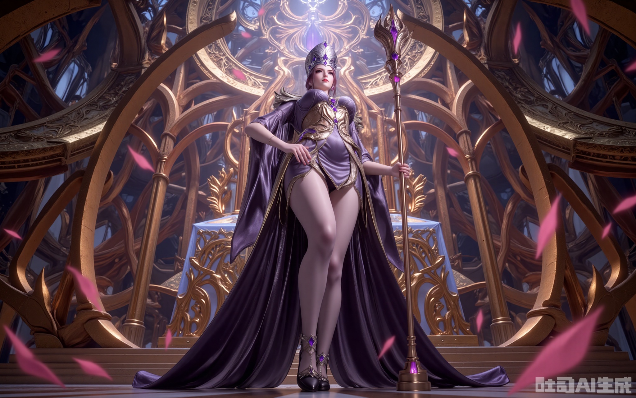 In the golden-domed sanctuary, Bibi Dong stands with regal dominance. Her custom gown shimmers with woven soul power, its obsidian fabric cascading like liquid night. The amethyst-encrusted crown casts prismatic shadows across her piercing violet eyes.

The jeweled scepter in her grasp pulses with eerie energy, its core gem swallowing the very light. Sheer stockings trace the elegant lines of her legs, leading down to soul-stone heels that chime against the marble with each step.

Shot from an extreme low angle, the frame captures the terrifying harmony between her silhouette and the towering statue of Rakshasa. As crimson light spills through stained glass, eighteen spirit rings erupt from her scepter—this is the moment divinity meets mortal reign.
lvjing,bibidong