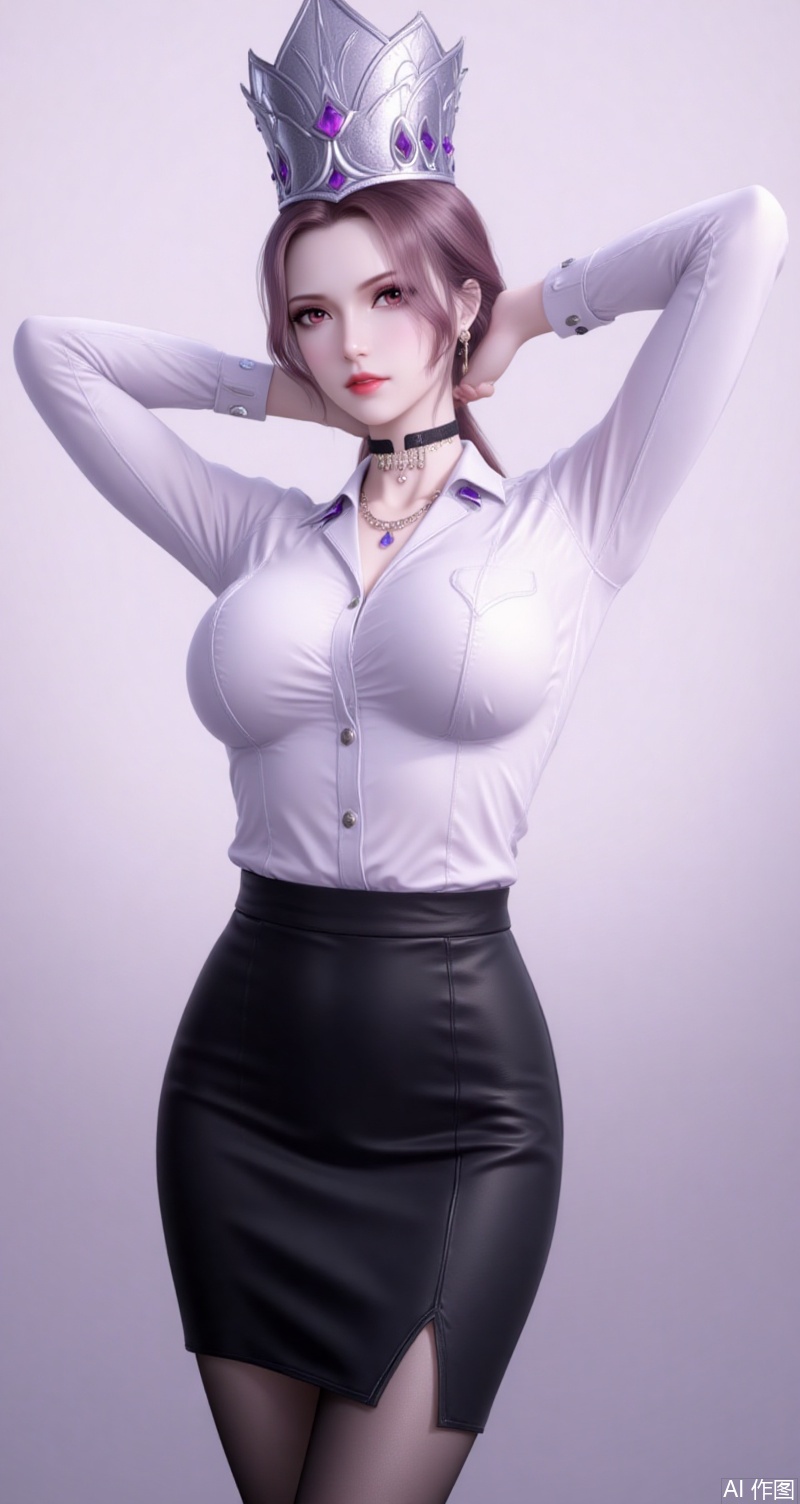 baoshi,lvjing,bibidong,jewelry,crown,gem,brown hair,brown eyes,fair_skin,1girl,solo,shirt,pencil skirt,skirt,white shirt,black skirt,looking at viewer,collared shirt,collar,thighhighs,long sleeves,arms up,arms behind head,choker,breasts,high-waist skirt,red lips,office lady,lips,standing,cowboy shot,indoors,buttons,black thighhighs,dress shirt,realistic,black choker,cover,simple background,gradient background,close-up details,outstanding style,adding a touch of dimension to your images without compromising details,close-up,