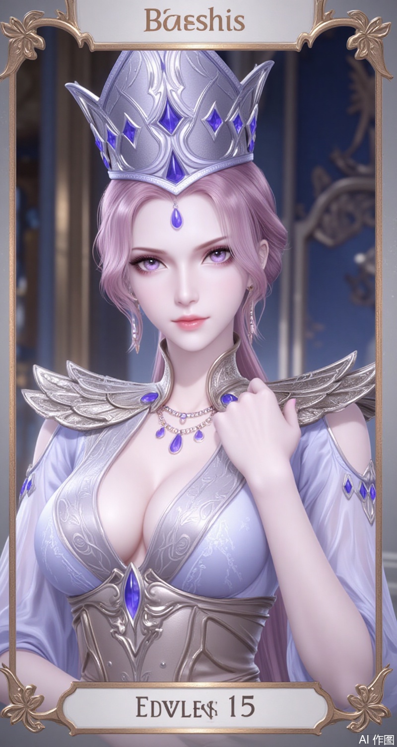 baoshi,lvjing,bibidong,girl,solo,breasts,looking at viewer,short hair,dress,cleavage,jewelry,upper body,indoors,necklace,armor,crown, gem, 1girl,blonde hair,blue eyes,forehead_jewel,long hair,white dress:blue dress,1girl,solo,earrings,jewelry,looking at viewer,breasts,tarot,collarbone,upper body,dress,closed mouth,card \(medium\),tarot \(medium\),frills,border,15,cover,simple background,gradient background,close-up details,outstanding style,(baoshi),adding a touch of dimension to your images without compromising details,close-up,