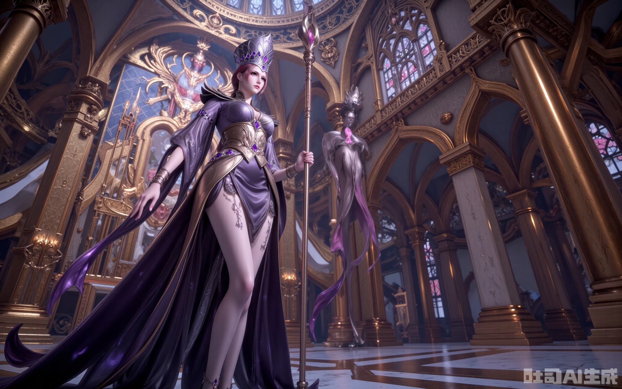 In the golden-domed sanctuary, Bibi Dong stands with regal dominance. Her custom gown shimmers with woven soul power, its obsidian fabric cascading like liquid night. The amethyst-encrusted crown casts prismatic shadows across her piercing violet eyes.

The jeweled scepter in her grasp pulses with eerie energy, its core gem swallowing the very light. Sheer stockings trace the elegant lines of her legs, leading down to soul-stone heels that chime against the marble with each step.

Shot from an extreme low angle, the frame captures the terrifying harmony between her silhouette and the towering statue of Rakshasa. As crimson light spills through stained glass, eighteen spirit rings erupt from her scepter—this is the moment divinity meets mortal reign.
lvjing,bibidong