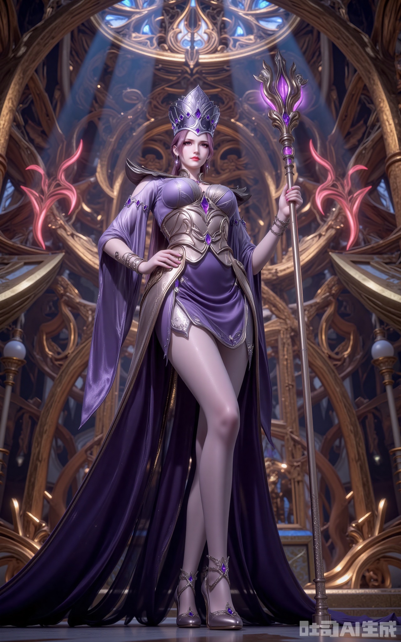 In the golden-domed sanctuary, Bibi Dong stands with regal dominance. Her custom gown shimmers with woven soul power, its obsidian fabric cascading like liquid night. The amethyst-encrusted crown casts prismatic shadows across her piercing violet eyes.

The jeweled scepter in her grasp pulses with eerie energy, its core gem swallowing the very light. Sheer stockings trace the elegant lines of her legs, leading down to soul-stone heels that chime against the marble with each step.

Shot from an extreme low angle, the frame captures the terrifying harmony between her silhouette and the towering statue of Rakshasa. As crimson light spills through stained glass, eighteen spirit rings erupt from her scepter—this is the moment divinity meets mortal reign.
lvjing,bibidong