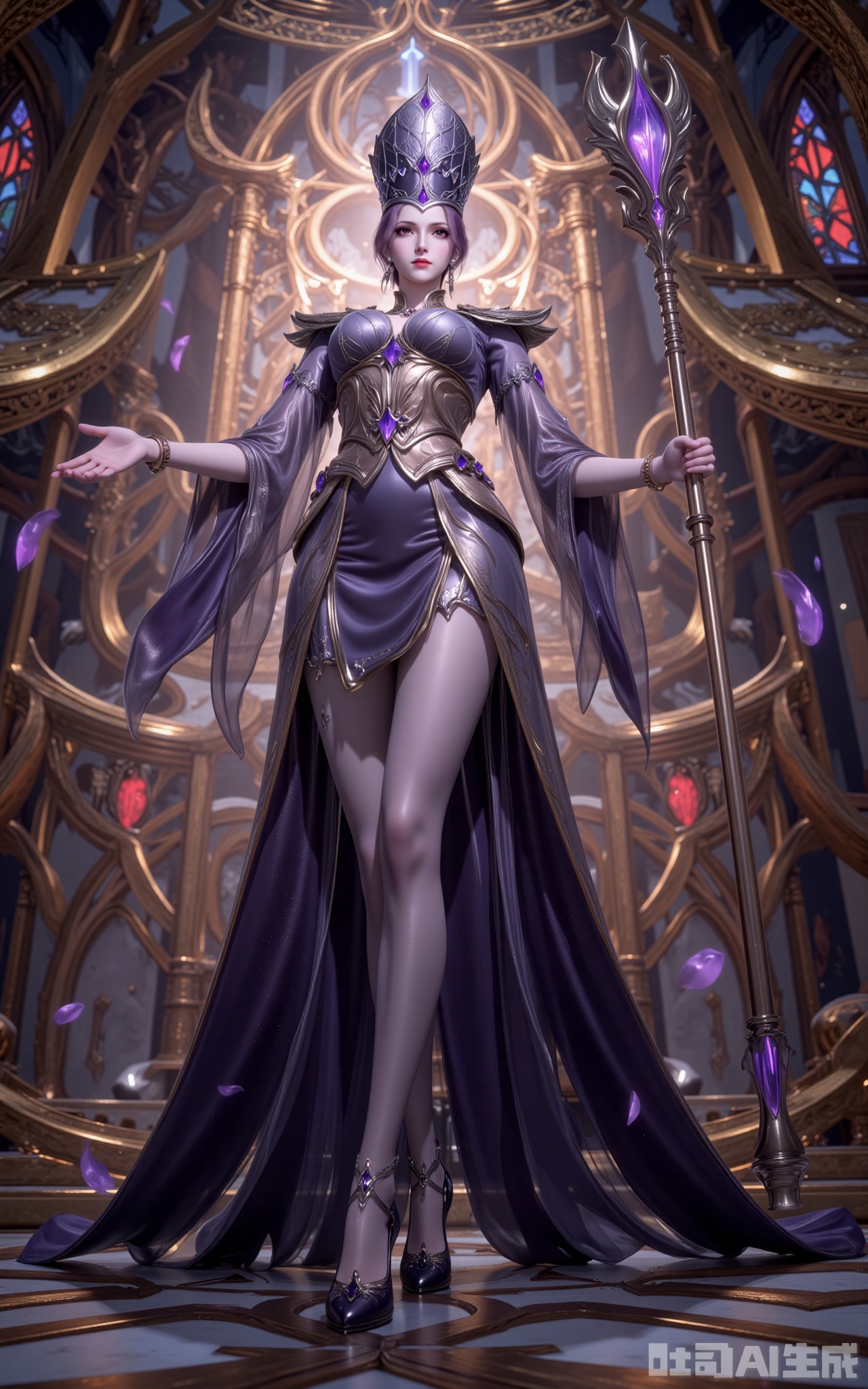 In the golden-domed sanctuary, Bibi Dong stands with regal dominance. Her custom gown shimmers with woven soul power, its obsidian fabric cascading like liquid night. The amethyst-encrusted crown casts prismatic shadows across her piercing violet eyes.

The jeweled scepter in her grasp pulses with eerie energy, its core gem swallowing the very light. Sheer stockings trace the elegant lines of her legs, leading down to soul-stone heels that chime against the marble with each step.

Shot from an extreme low angle, the frame captures the terrifying harmony between her silhouette and the towering statue of Rakshasa. As crimson light spills through stained glass, eighteen spirit rings erupt from her scepter—this is the moment divinity meets mortal reign.
lvjing,bibidong
