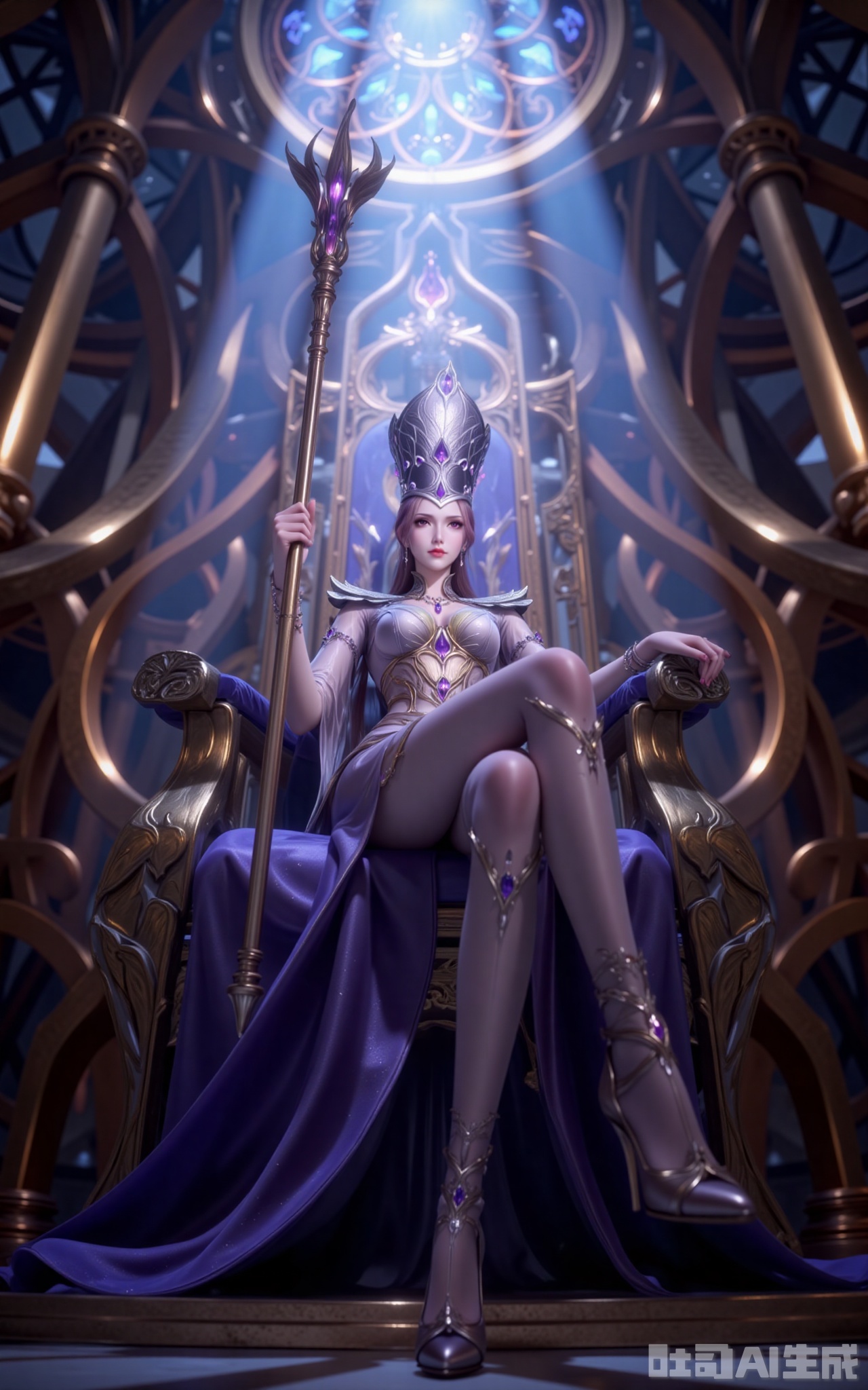 In the gilded sanctuary, a shaft of light pierces through the stained-glass dome, crowning Bibi Dong in celestial radiance. Her onyx throne accentuates the regal lines of the violet-and-gold gown, its hand-embroidered spider motifs shimmering faintly. The Soul-devouring Crown's amethyst teardrops tremble in sync with the pulsating core of her scepter - a fossilized 100,000-year soul beast crystal.

Crossing her sheer-clad legs, the prismatic refraction from the spider-silk stockings creates ethereal halos. The venom-tipped stilettos tap rhythmically against the obsidian dais. Shot from a worshipping low angle, the 12K close-up reveals the crimson soul rings swirling in her eyes, transforming the composition into a living altar piece where divinity and dominion intertwine.
lvjing,bibidong