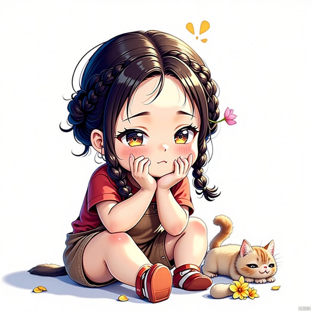 gongfu,best quality,highres,masterpiece,simple background,1girl,black hair,braid,overalls,child,twin braids,shirt,female child,cat,sitting,red footwear,white background,short sleeves,blush,solo,red shirt,long hair,twintails,petals,looking away,simple background,head rest,shoes,flower,animal,closed mouth,black eyes,hands on own face,
