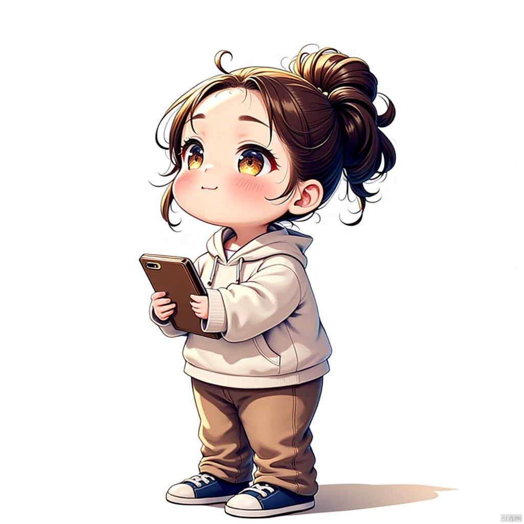 gongfu, Powder blusher, brown hair, single person, holding, hood, 1 girl, phone, white background, long sleeve, simple background, ponytail, pants, in the office, computer, whole body, standing, mobile phone, child, smile, elderly down jacket, hoodie, single bun, mouth closed, hood worn, girl, brown eyes,
