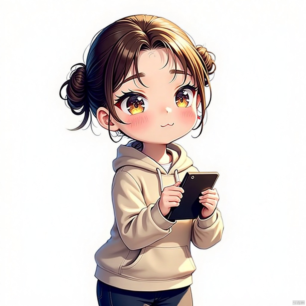 gongfu, Powder blusher, brown hair, single person, holding, hood, 1 girl, phone, white background, long sleeve, simple background, ponytail, pants, in the office, computer, whole body, standing, mobile phone, child, smile, elderly down jacket, hoodie, single bun, mouth closed, hood worn, girl, brown eyes,