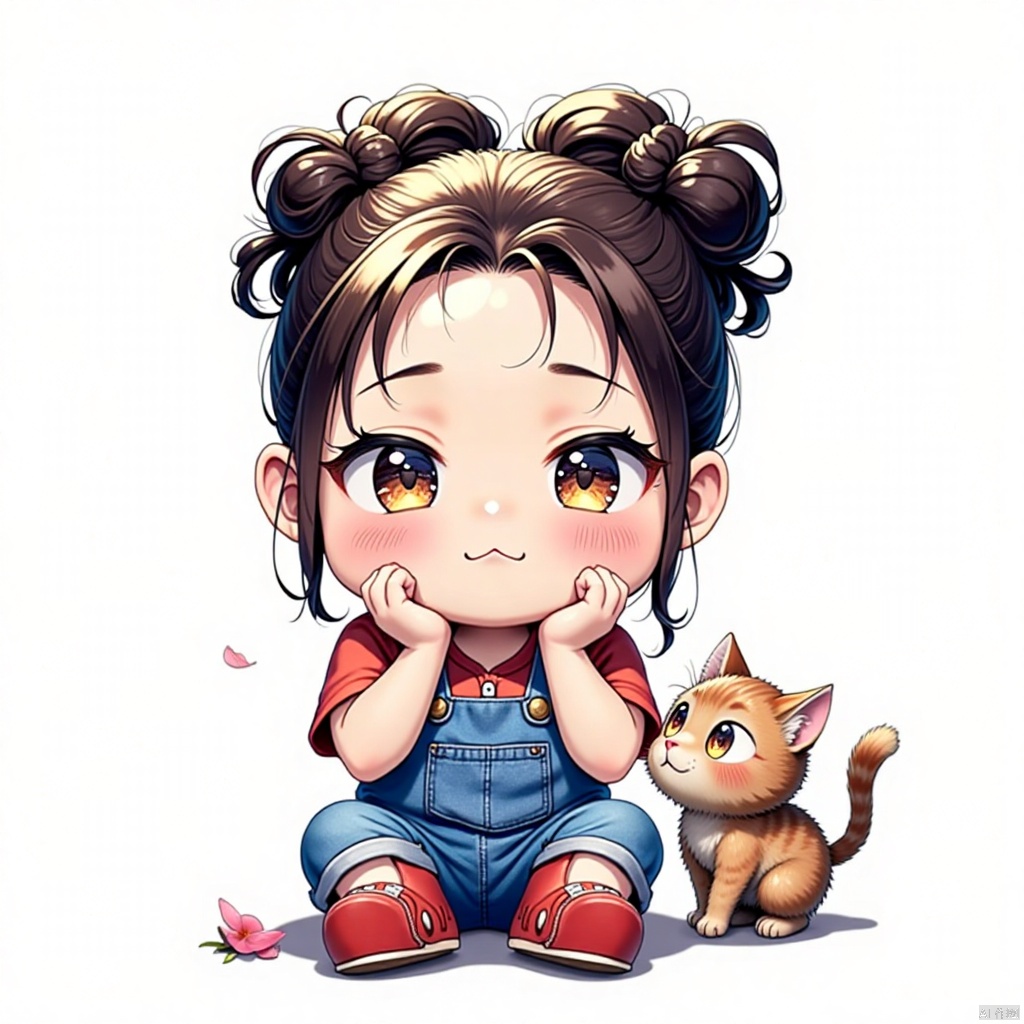 gongfu,best quality,highres,masterpiece,simple background,1girl,black hair,braid,overalls,child,twin braids,shirt,female child,cat,sitting,red footwear,white background,short sleeves,blush,solo,red shirt,long hair,twintails,petals,looking away,simple background,head rest,shoes,flower,animal,closed mouth,black eyes,hands on own face,
