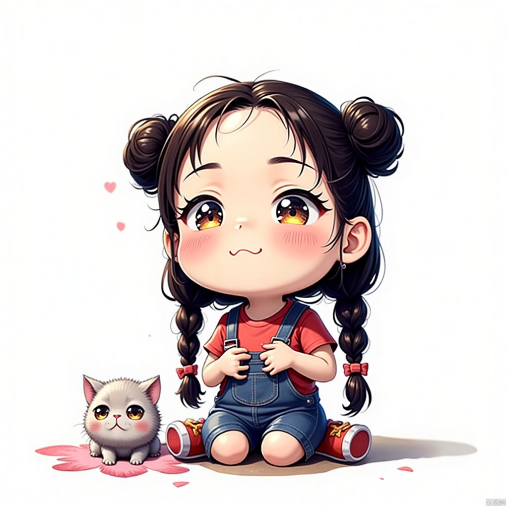 gongfu,best quality,highres,masterpiece,simple background,1girl,black hair,braid,overalls,child,twin braids,shirt,female child,cat,sitting,red footwear,white background,short sleeves,blush,solo,red shirt,long hair,twintails,petals,looking away,simple background,head rest,shoes,flower,animal,closed mouth,black eyes,hands on own face,