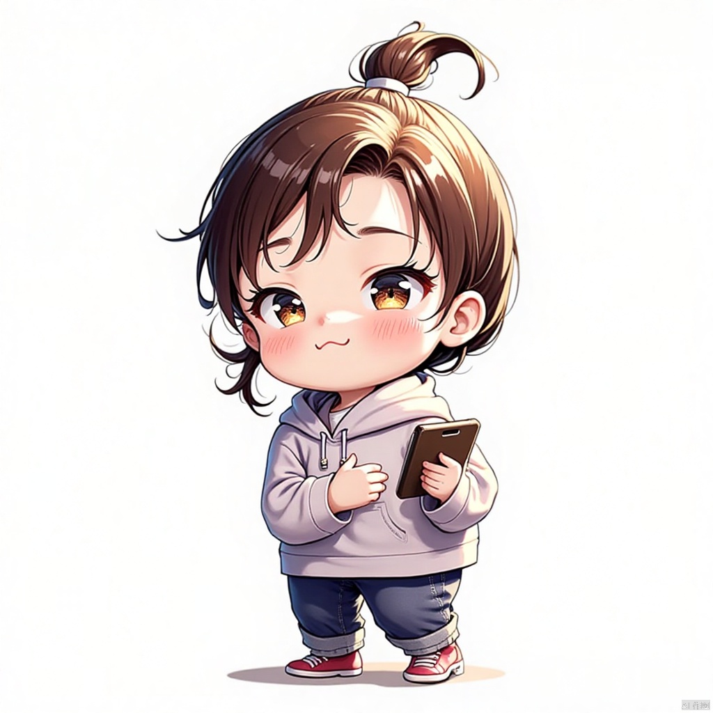 gongfu, Powder blusher, brown hair, single person, holding, hood, 1 girl, phone, white background, long sleeve, simple background, ponytail, pants, in the office, computer, whole body, standing, mobile phone, child, smile, elderly down jacket, hoodie, single bun, mouth closed, hood worn, girl, brown eyes,