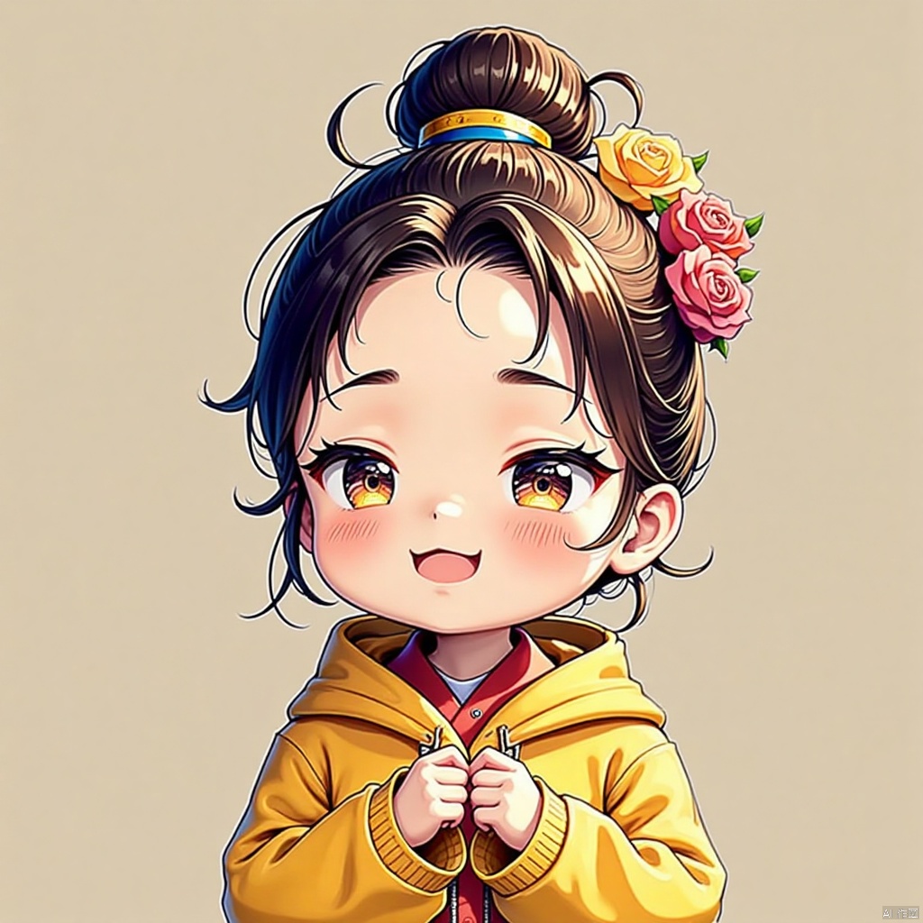 gongfu,A little girl,wearing yellow and red Hanfu,bun,hairpin,wearing flowers,standing and smiling happily,