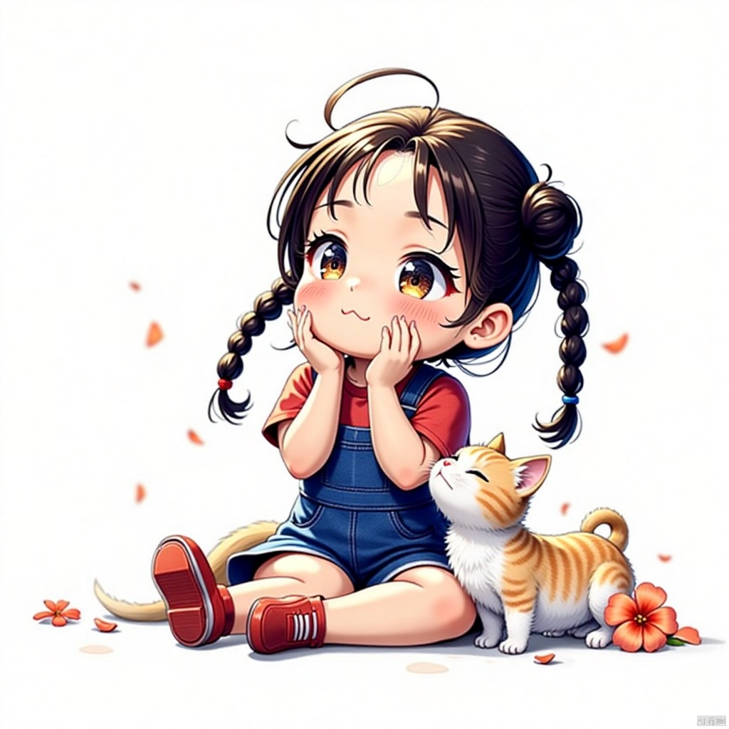 gongfu,best quality,highres,masterpiece,simple background,1girl,black hair,braid,overalls,child,twin braids,shirt,female child,cat,sitting,red footwear,white background,short sleeves,blush,solo,red shirt,long hair,twintails,petals,looking away,simple background,head rest,shoes,flower,animal,closed mouth,black eyes,hands on own face,